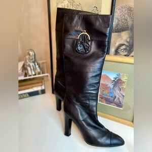 Viktor and Rolf Black Leather High Heel Knee Boots with Gold Accent